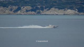 Turkish Coast Guard KAAN15 class TCSG 11 southbound Chios Strait with new SATCOM antenna.