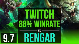 TWITCH vs RENGAR (JUNGLE) | 88% winrate, 2 early solo kills, Legendary | EUW Challenger | v9.7