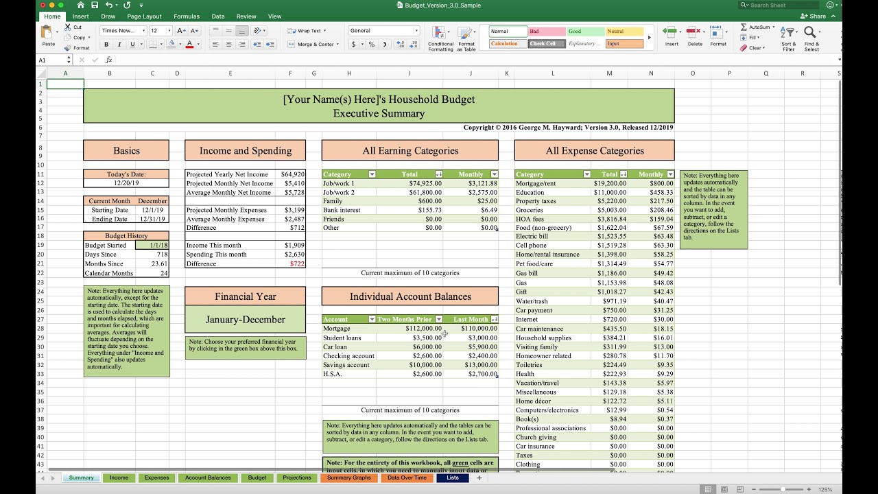 detailed home budget spreadsheet