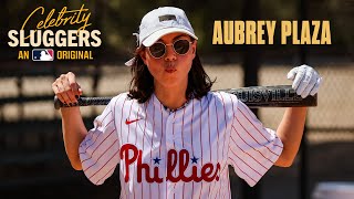 Aubrey Plaza (Emily the Criminal) smashes baseballs, calls out Drake on Celebrity Sluggers!