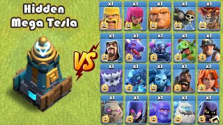 Hidden Mega Tesla vs All Max TROOPS in coc | warforstar | Clash of clans..