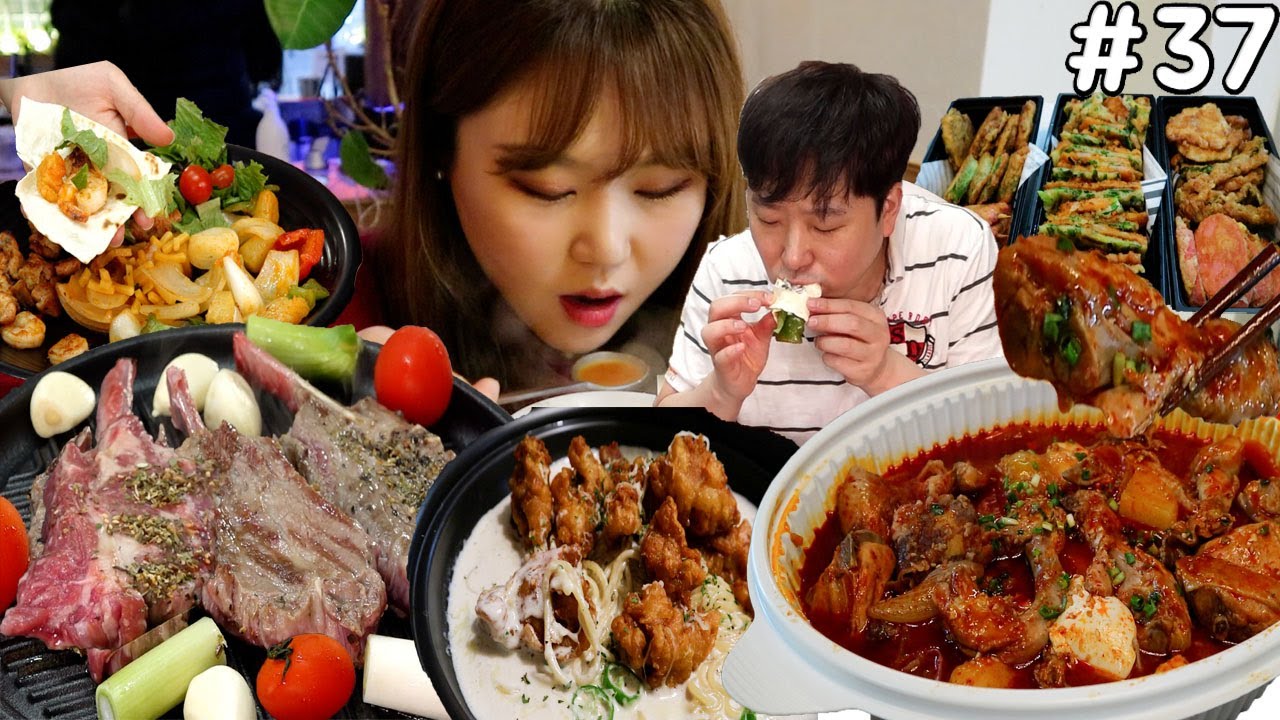 Daily Life Mukbang #37 Острый жареный цыпленок, отбивная из баранины, кимчи удон, корейские блины 