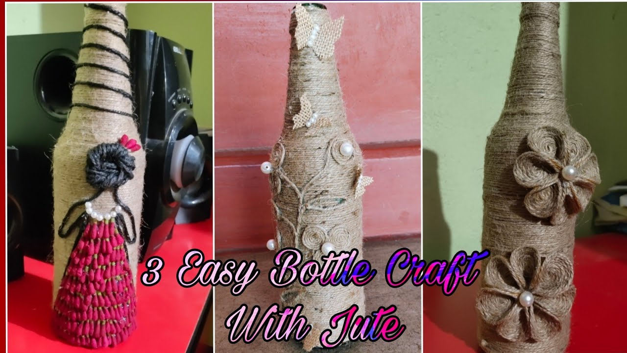 3 Easy Bottle Craft With Jute/Jute Craft Ideas/Waste Bottle Decoration