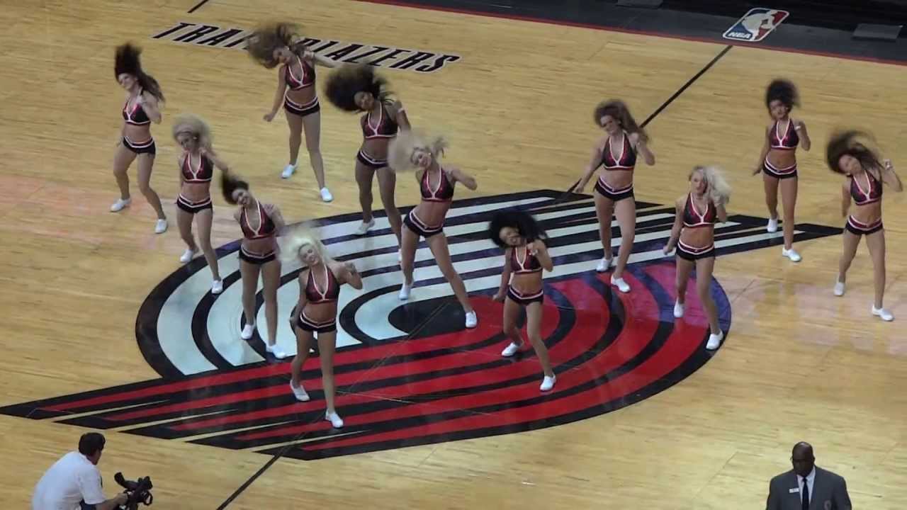 The BlazerDancers, Cheerleaders of the Portland Trail Blazers, perform a gr...