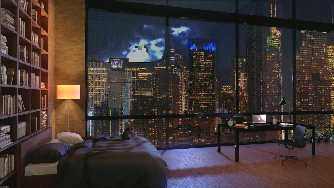 Luxury Nyc Apartment Ambience Manhattan Night View Rain On Window Sounds For Sleeping Youtube