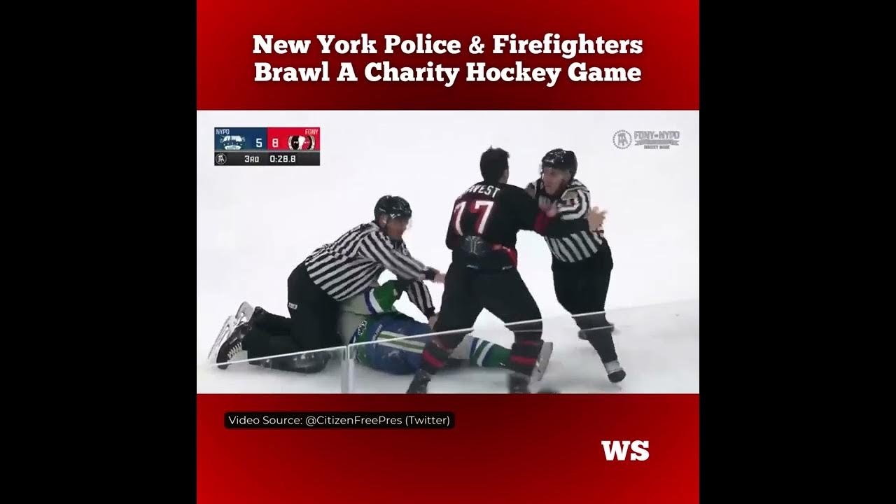 Ice hockey chaos as annual game between NYPD and FDNY ends in brawl on the  ice - Daily Star