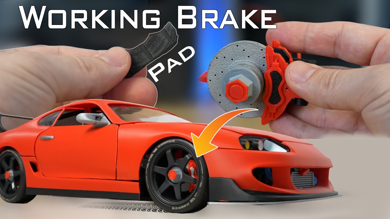 Передний тормоз для радиоуправляемой машинки, напечатанный на 3D-принтере, со сменными колодками.