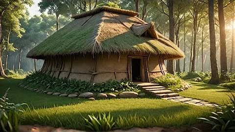 Building complete and warm survival shelter | Bushcraft earth hut, grass roof & fireplace with clay