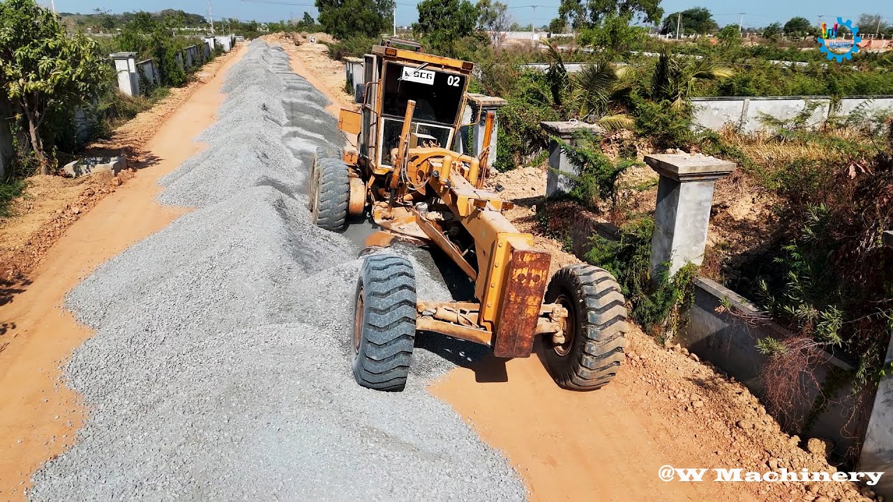 Nicely Skills Grader Spreading Gravel Making Village Roads | Grader Installing Foundation Operation