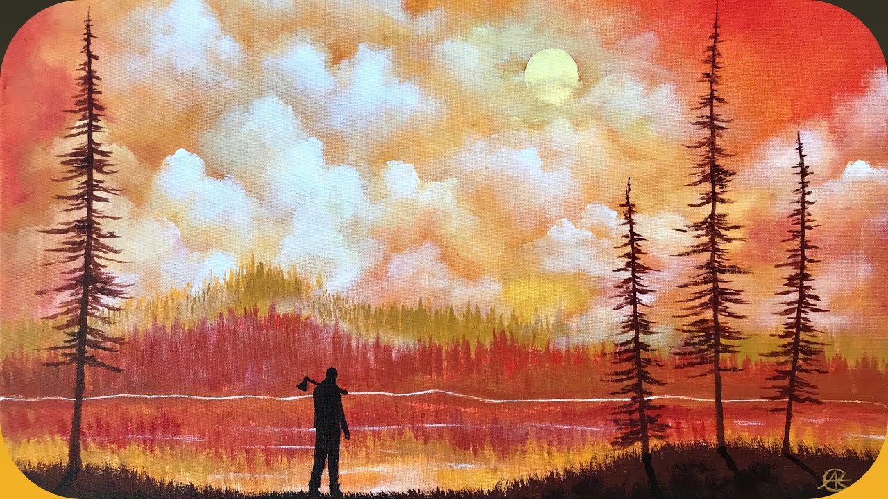 Wild Fire, Clouds, Trees, Firefighter With Axe - Acrylic Painting How To Time Lapse