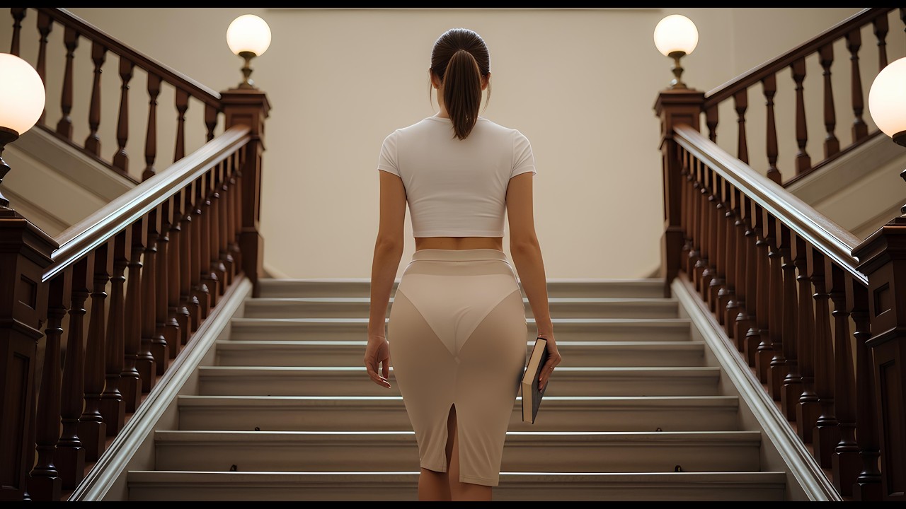 Вид сзади – Женщина в юбке поднимается по лестнице библиотеки