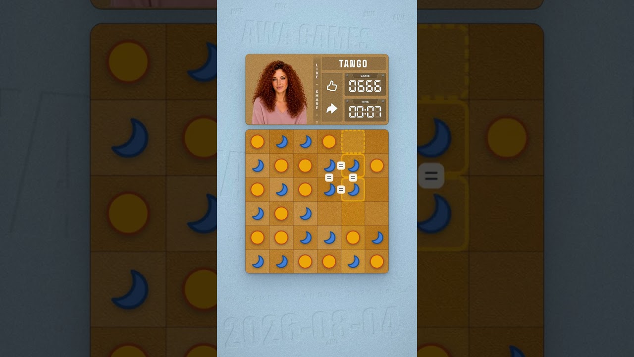 LinkedIn Tango #666 solved board for August 4, 2026, 6x6 grid