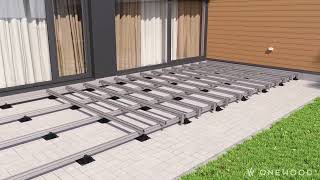 Installing WPC decking on an aluminum structure with adjustable decking pedestals.