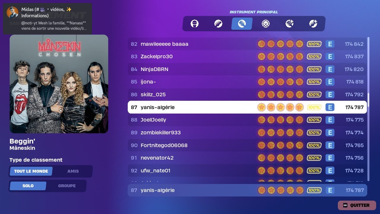 FORTNITE FESTIVAL S5 - Beggin' | Maneskin - Instrument principal ...