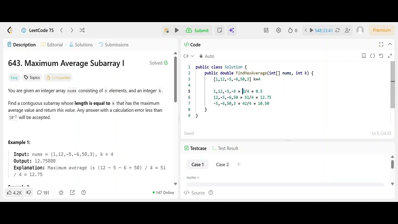LeetCode Problem 643: Maximum Average Subarray I | Sliding Window C# Solution Explained