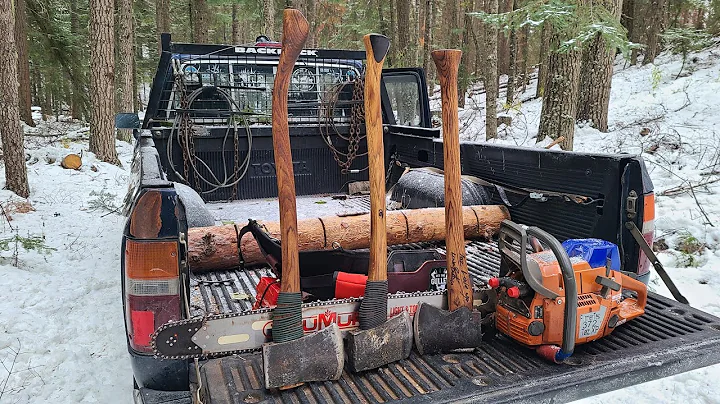 Bucking and Splitting Firewood in the snow.  Chopp...