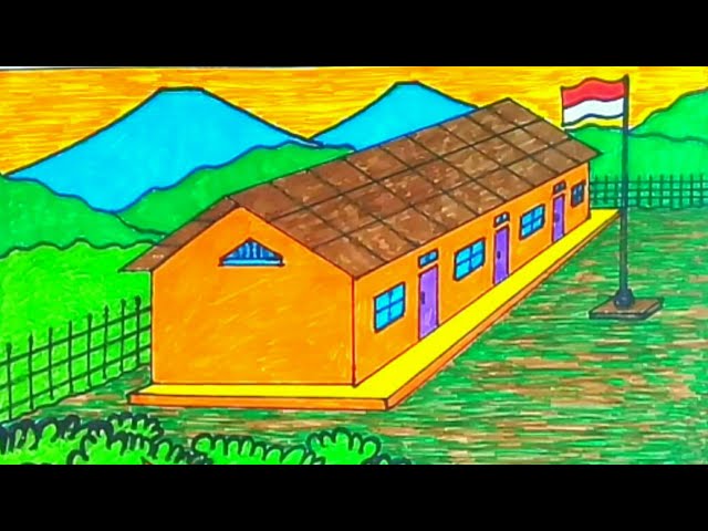 Membuat Lukisan Pemandangan Gedung Sekolah Indah Youtube