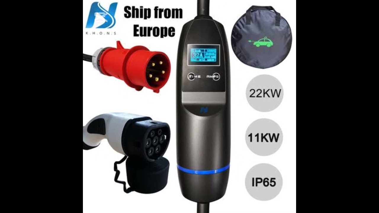 Khons EV Portable Charger  Type2 22kw EV Charger 32A 5m TPU Cable Evse Charging Wallbox AppControl.