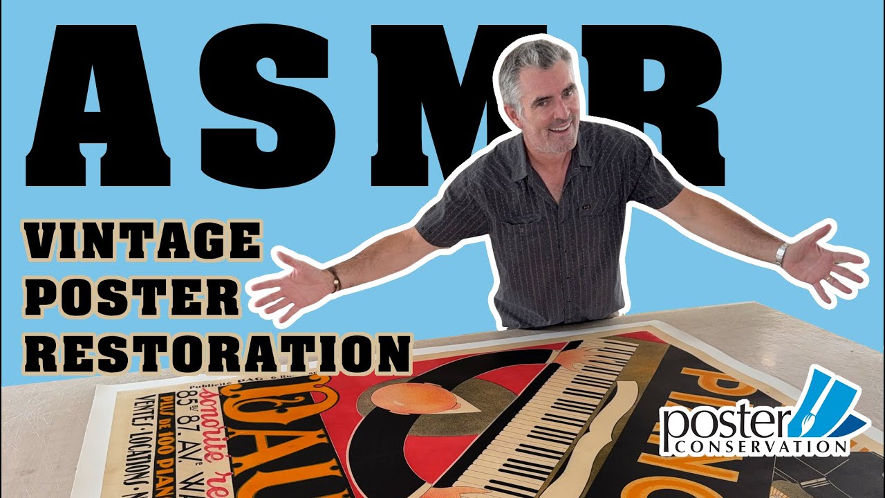 ASMR Vintage Poster Restoration of 1929 Art Deco Design for Pianos Daudo