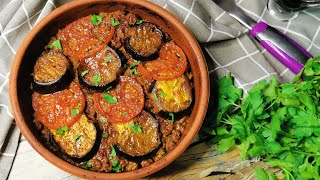 مسقعة الباذنجان باللحمة - منزلة الباذنجان بالفرن وبدون قلي || Eggplant moussaka with meat recipe