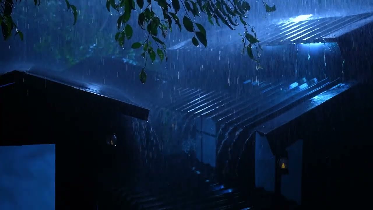Goodbye Insomnia with Heavy Rain & Thunder Growls on a Stale Tin Roof in Foggy Murky Forest at Night