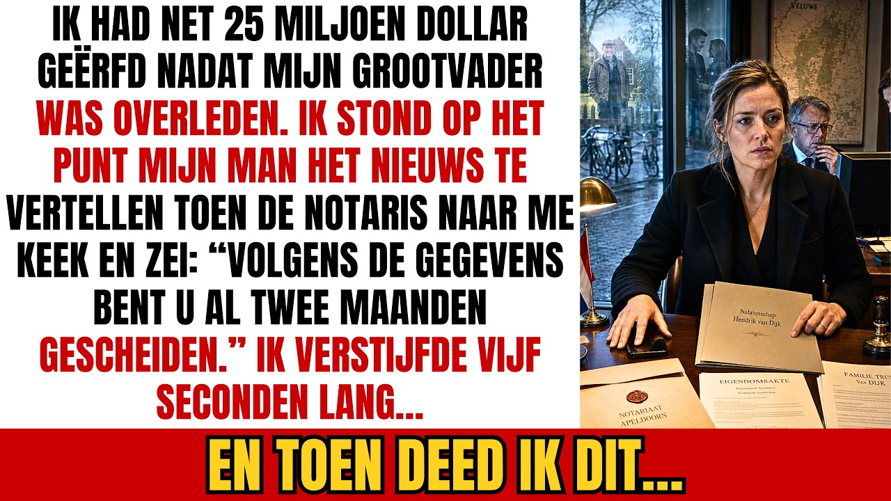Ik stond op het punt mijn man te bellen over de drie miljoen euro die ik net van mijn opa had geërfd, toen de notaris naar zijn scherm keek en zei: "Volgens het systeem bent u al twee maanden...