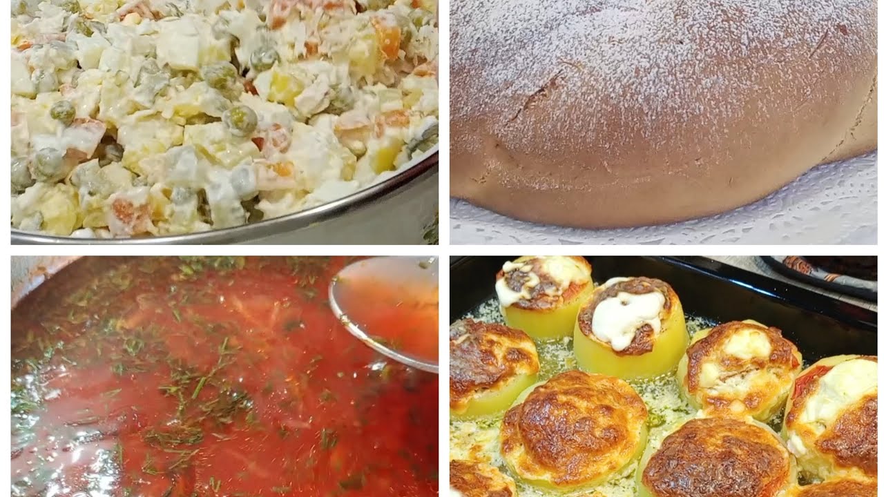 Меню для будней. Борщ с квашеной капустой. Оливье с курицей. Кабачки фаршированные. Калач 🥨