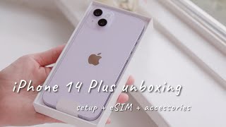 💜🦄 iPhone 14 Plus Purple Unboxing | Setup (eSIM) & Accessories