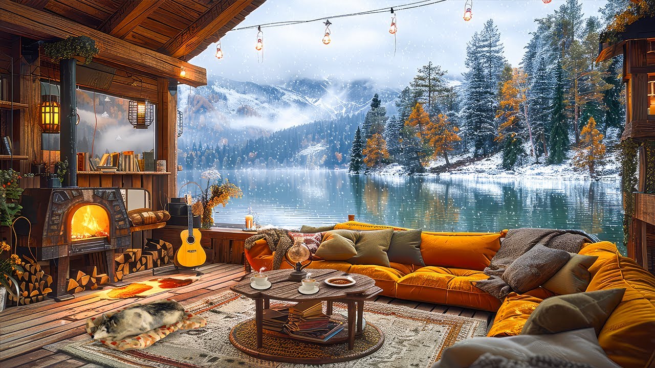 Soothing Piano Jazz Music with Cozy Winter Porch Cabin Ambience - Snow ...