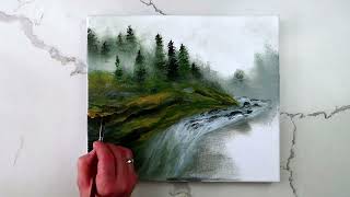 Misty Forest Waterfall | Step by Step Acrylic Painting Demo