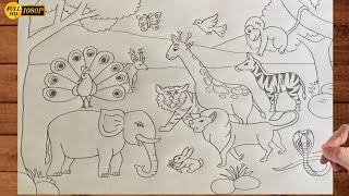Animals drawing easy|Wildanimals drawing|Forest drawing |Zoo drawing | Elaphant|Lion|Tiger|Giraffe