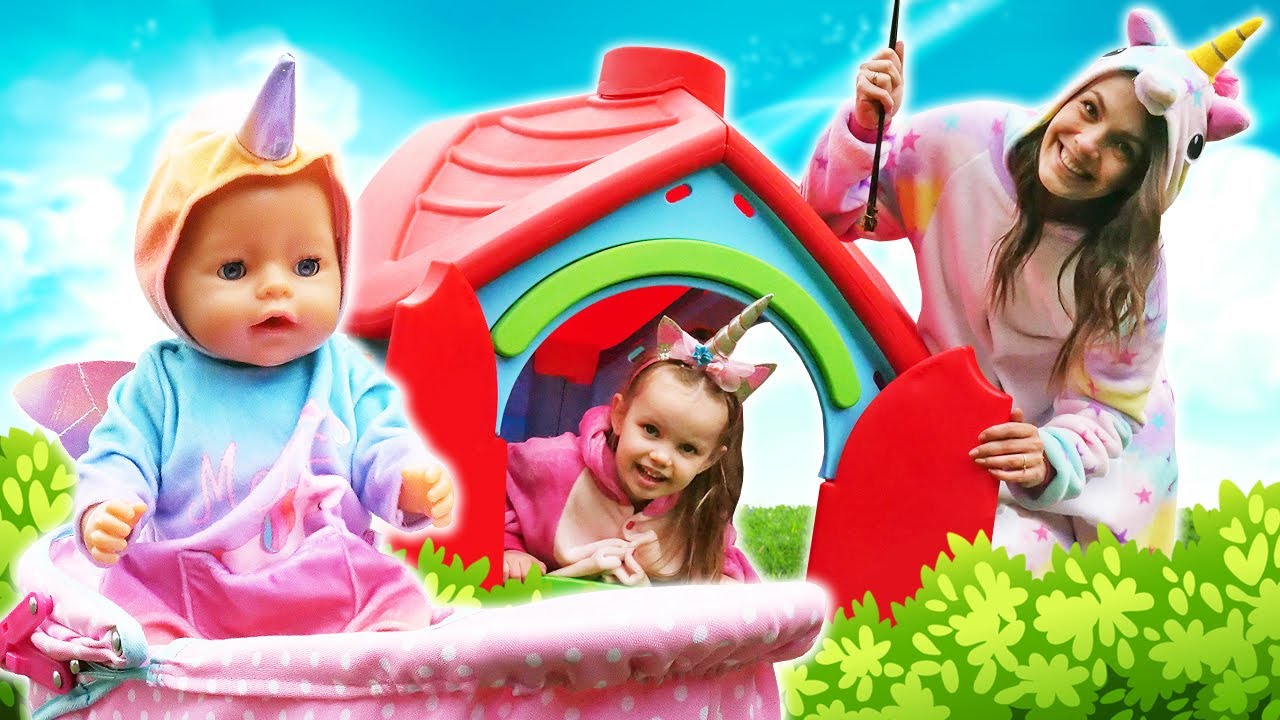 Kids pretend to play with baby dolls. A new house for baby born doll. Family fun video for kids
