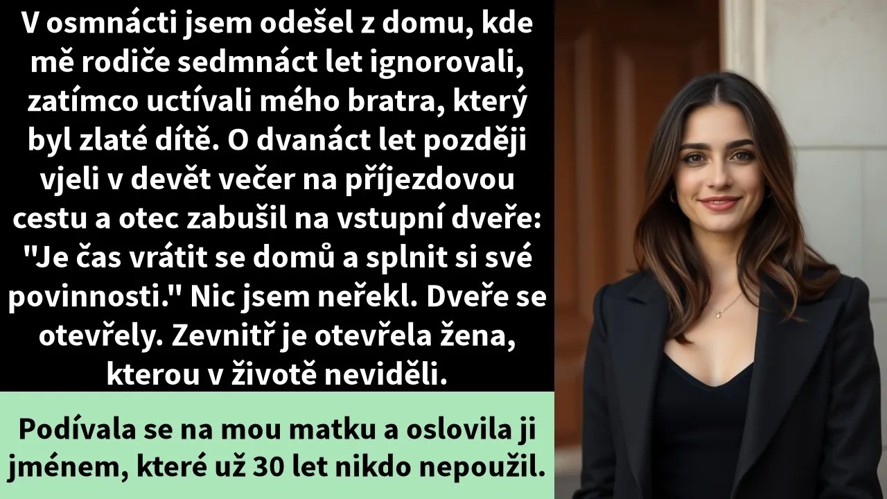 Bylo čtvrtek večer, když se u mých dveří ozvalo to bušení. Nejdřív jsem si myslela, že se spletli. Ale pak jsem uslyšela ten hlas, který jsem dvanáct let neslyšela – můj otec. Stál přede mnou a...