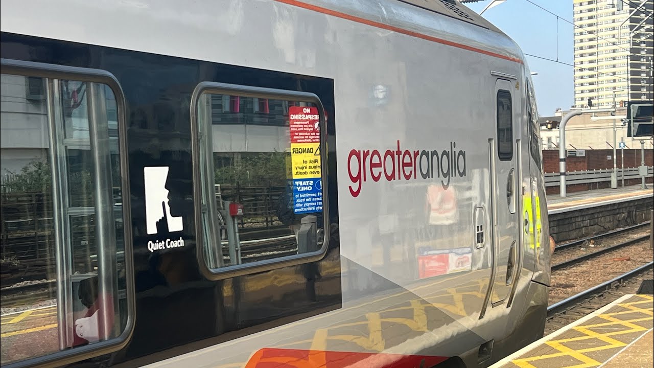 A Greater anglia class 745 train arriving and departing Stratford station