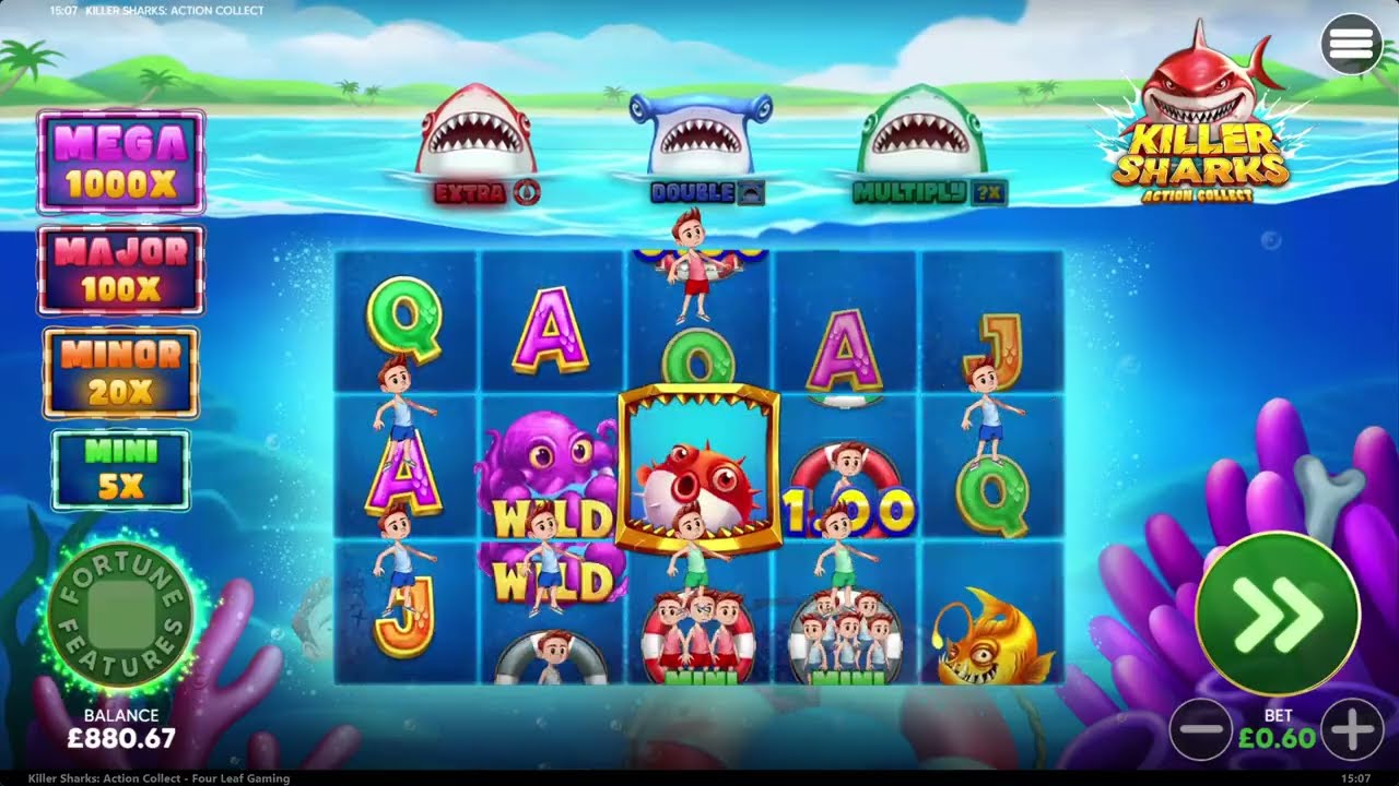SlotsHawk Plays Killer Sharks Action Collect slot by Four Leaf Gaming - 100x Major Jackpot Win!