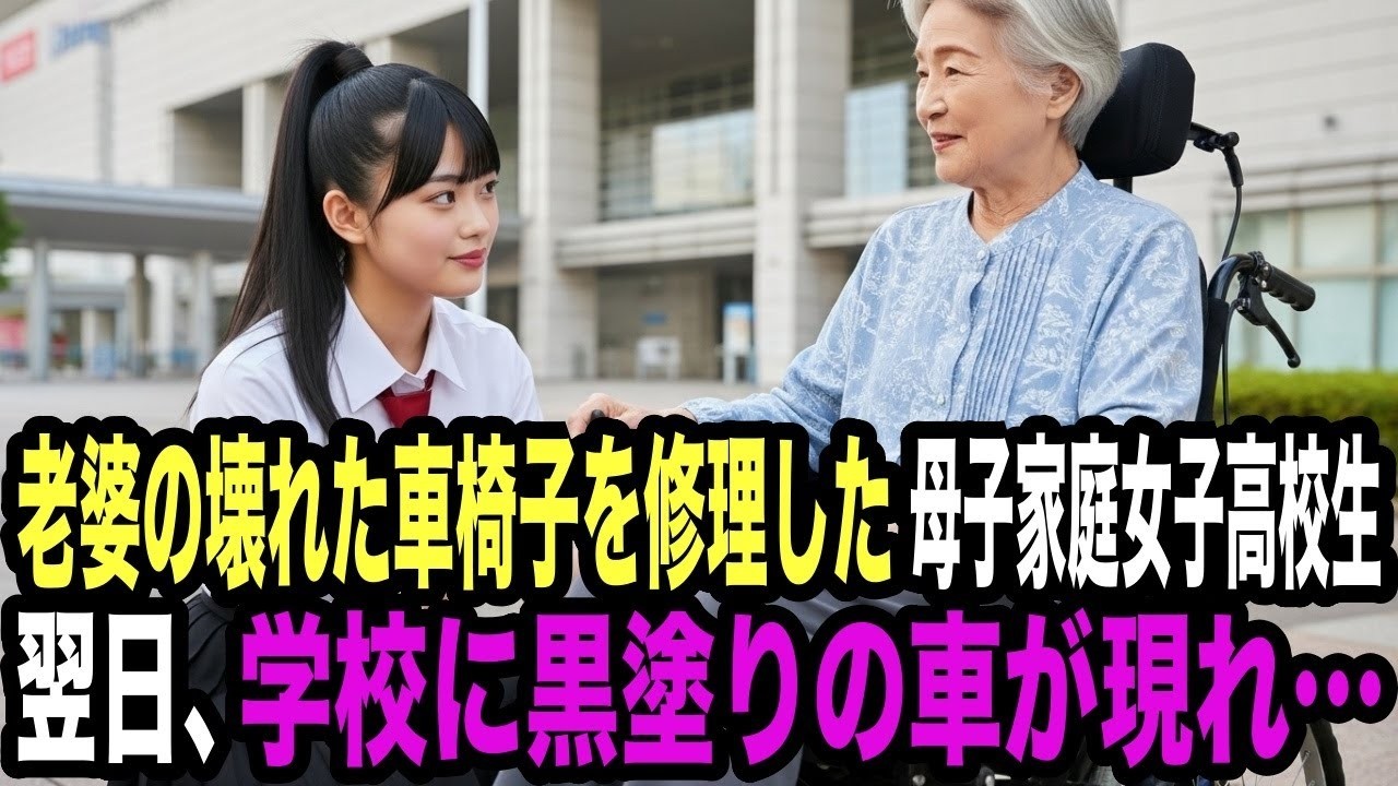 老婆の壊れた車椅子を修理してあげた母子家庭女子高校生。翌日、学校に黒塗りの高級車が現れ…