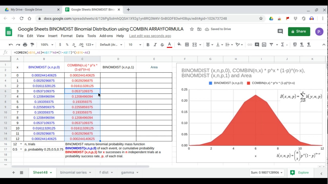 Google Sheets BINOMDIST Binomial Distribution using COMBIN ARRAYFORMULA