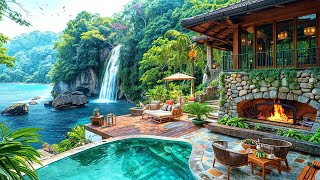 Productive and Relaxing Summer Moments with Soothing Jazz Music on a Morning Waterfall View Balcony