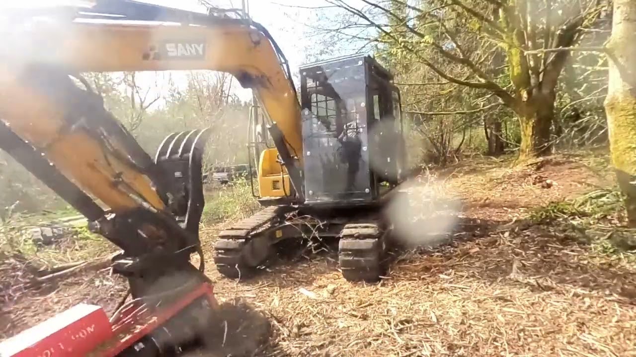Excavator with forestry mulcher reclaiming land