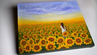 Sunflower Painting | How to paint Sunflower Field | Step by step Acrylic Painting