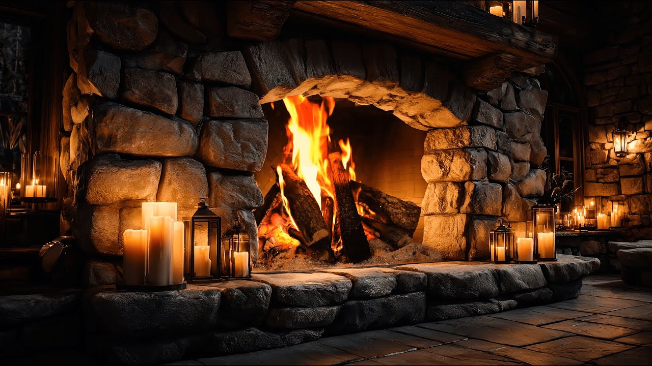 Rustic Fireplace 4K in a Cozy Cabin Ambience with Crackling Sounds for Relaxation and Stress Relief
