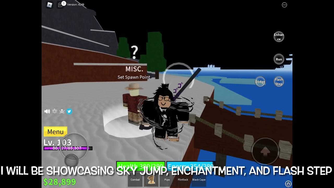 Showcasing Skyjump, Enchantment, and Flash Step in Roblox blox fruits
