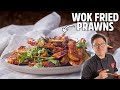 Delicious cantonese style wok fried prawns