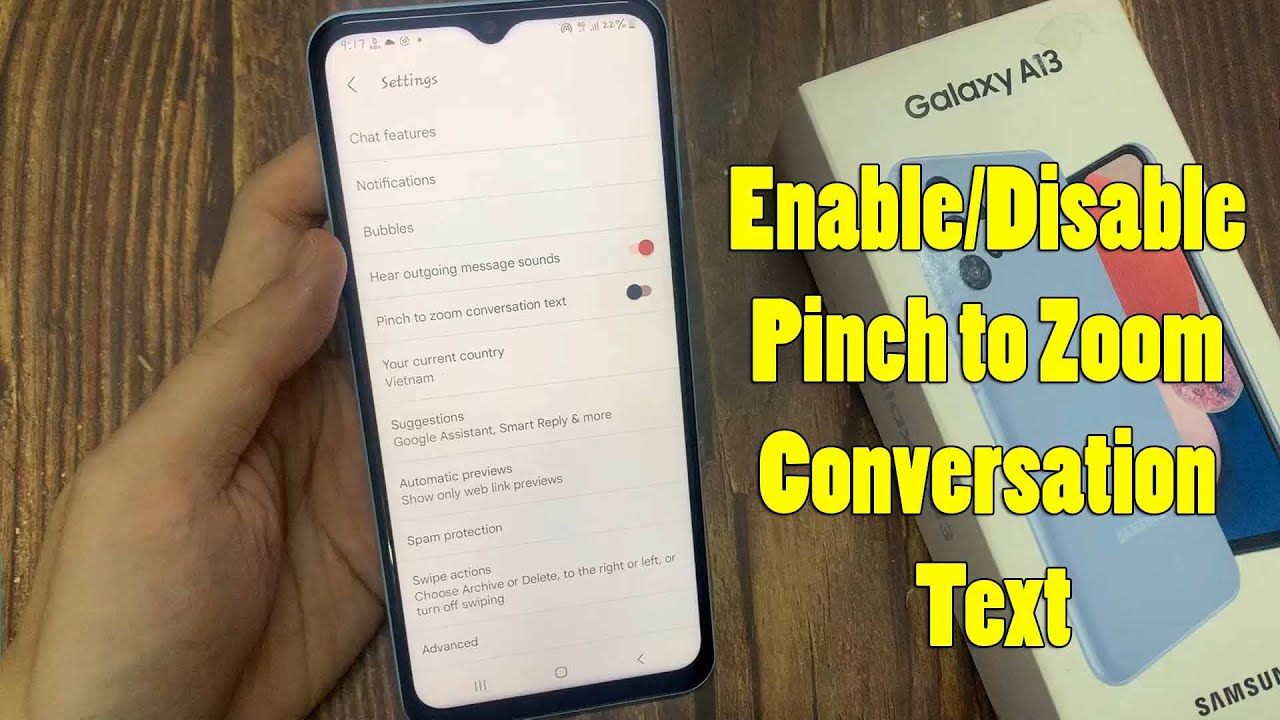 Samsung galaxy a13 how to enable disable pinch to zoom conversation
