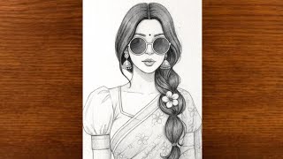 Beautiful Saree Girl With Goggles Drawing L Easy Drawing For Beginners L Pencil Sketch L