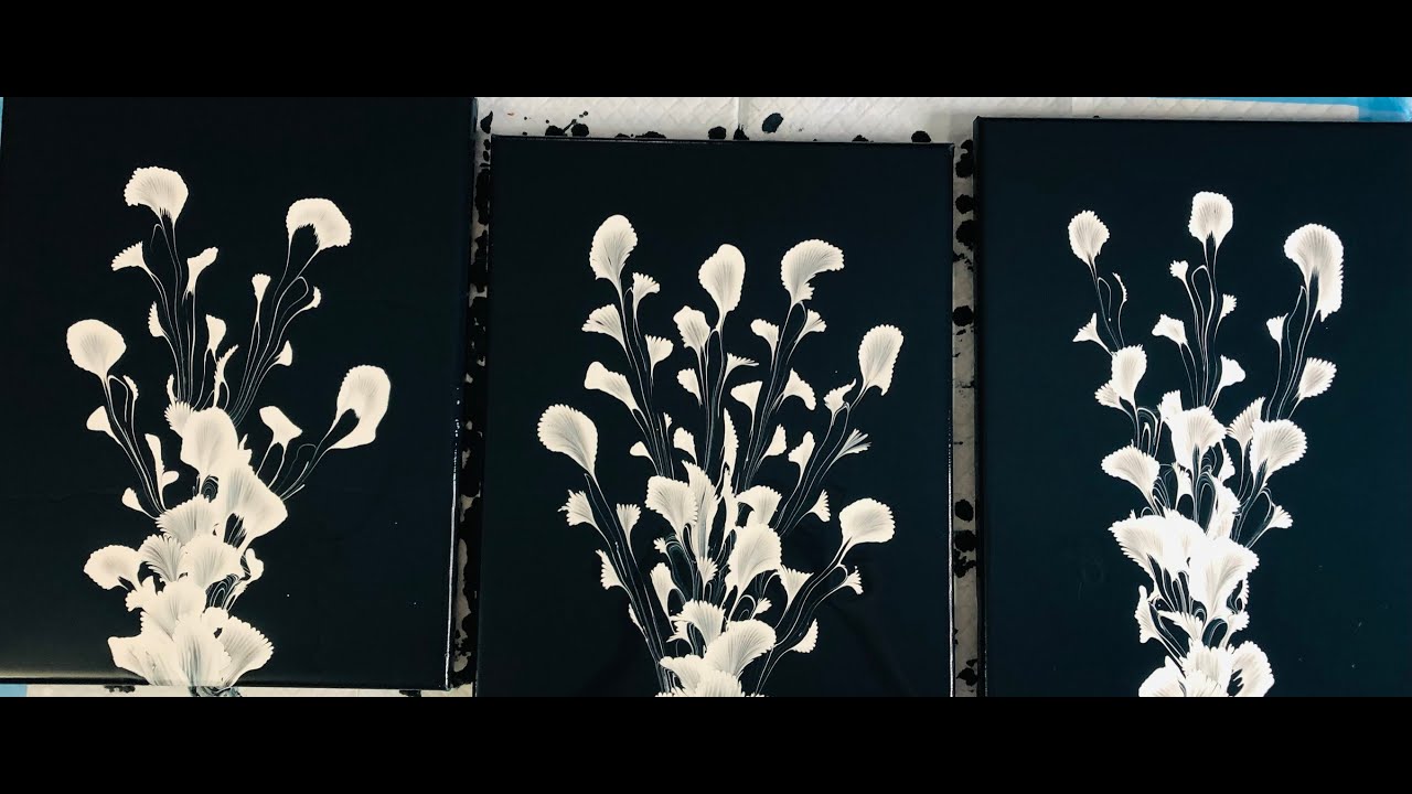 Acrylic Pouring Chain Pull Technique /Set of Black and White Flowers 