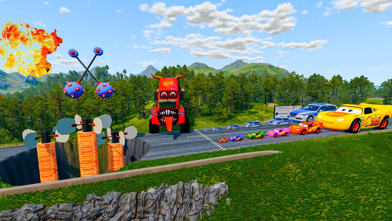 Big & Small McQueen & Police Car vs Zombie Mack, Giant Bulge & Lava Pit Downhill Race – BeamNG.drive