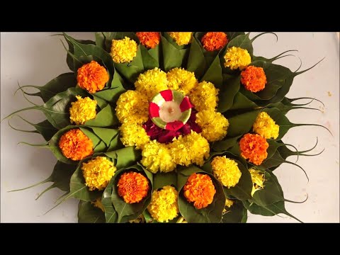 Puja Thali / Aarti Thali Decoration With Fresh Flowers & Peepal Tree Leaves For Diwali - 2019