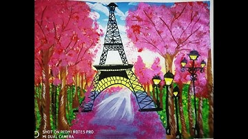 ||Springtime cherry blossom trees and Eiffel tower|| painting with poster colour