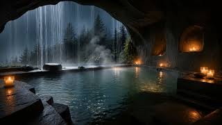 Ancient Grotto Spa | Heavy Rain & Ambient Music In A Warm Thermal Pool for Sleep and Relaxation